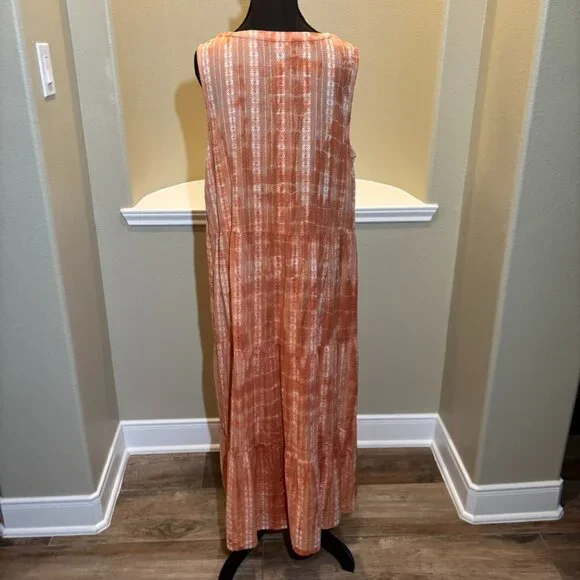 🧡 J.Jill Ibiza Tiered Orange Tie Dye Maxi Sleeveless Sun Dress XL - Picture 6 of 9